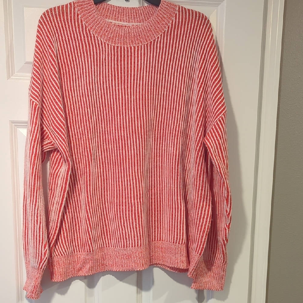 Women's Red and White Striped Crewneck Sweater